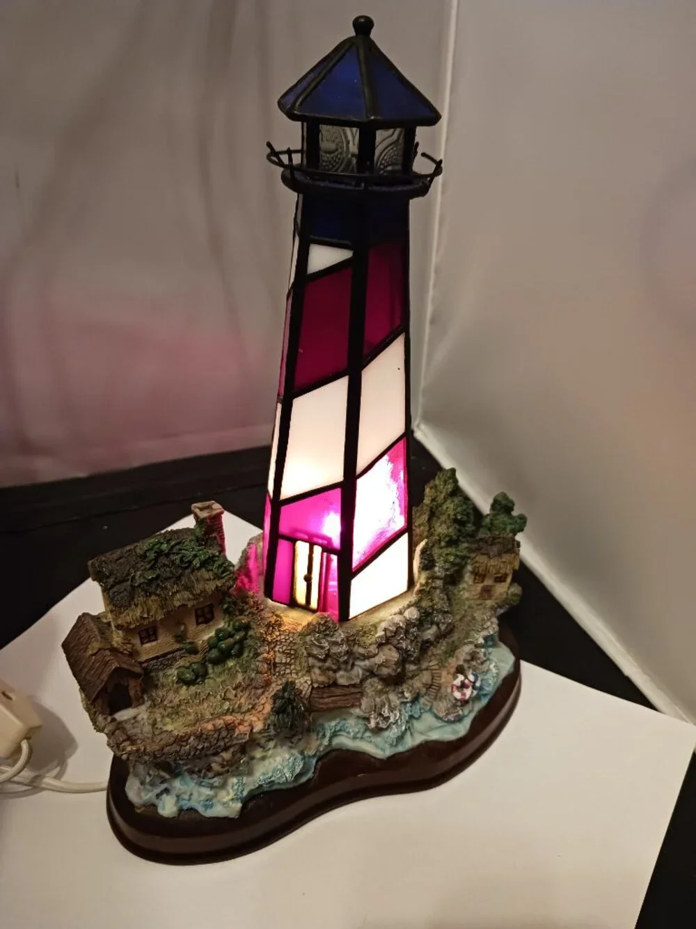 Vintage Stained Glass Lighthouse with Resin Houses on beach on Wood Base